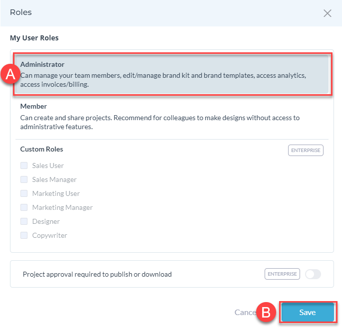 Visme Roles screen with Administrator role and Save button highlighted 