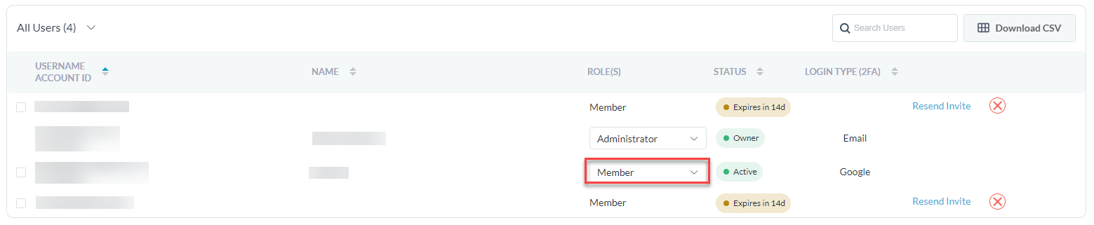 Visme Users table with the role dropdown of a user highlighted