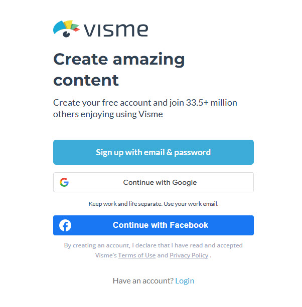 Visme Sign Up options