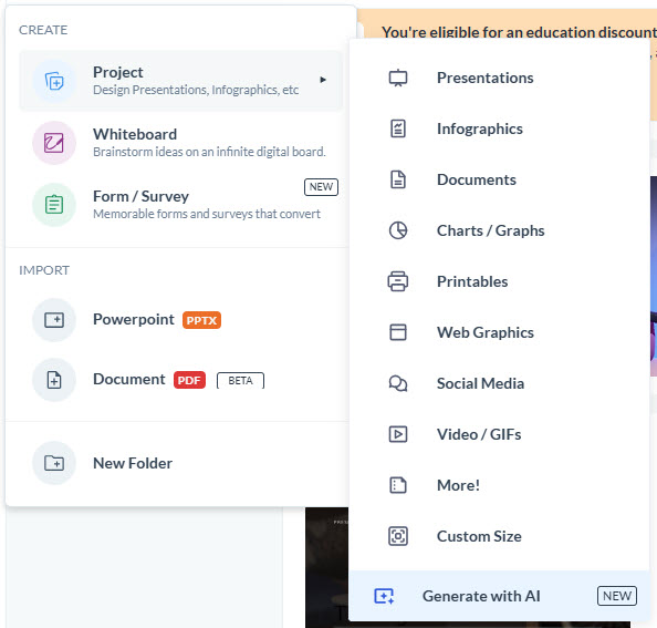 Visme Project types dropdown