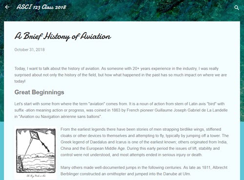 Example of a blog post in Blogger on aviation history