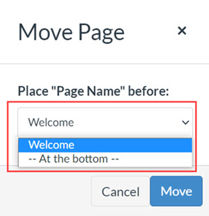 Dropdown options for moving a page