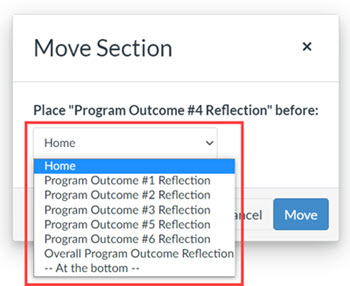 Dropdown options for moving a section