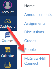 Canvas navigation with McGraw Hill Connect showing