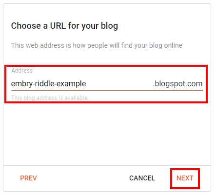 Blogger prompt for blog url with embry-riddle-example in the url field outlined and next button outlined