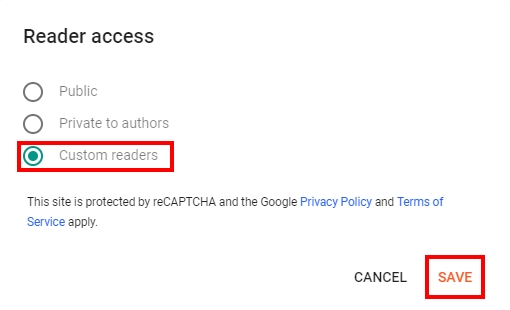 Blogger reader access with custom readers outlined and selected with Save highlighted for selection