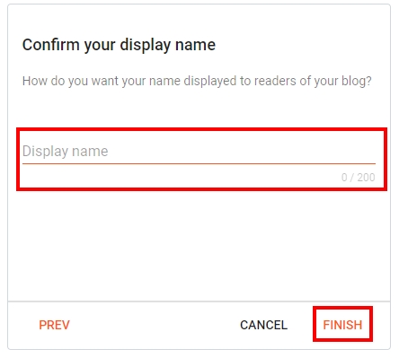 Blogger display name prompt with display name field outlined for entry and finish outlined for selection