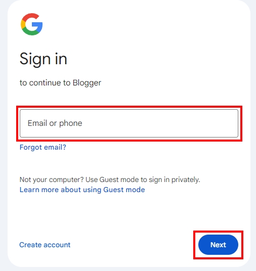 Google sign-in screen with email/phone number field outlined and next button outlined for selection