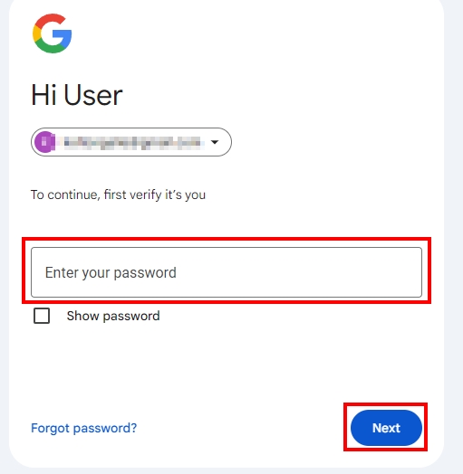 Google login screen with password field outlined and next button outlined for selection