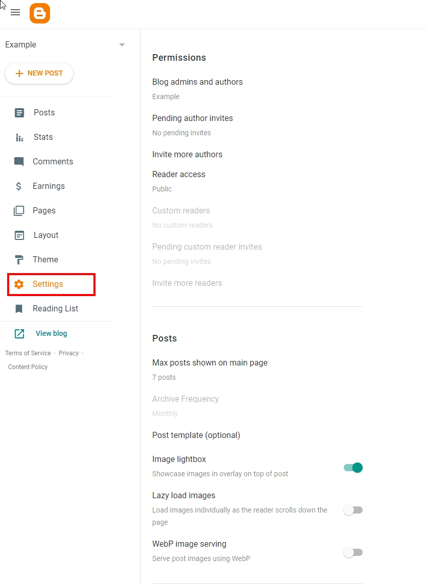 Blogger settings button outlined with settings page open to permissions section