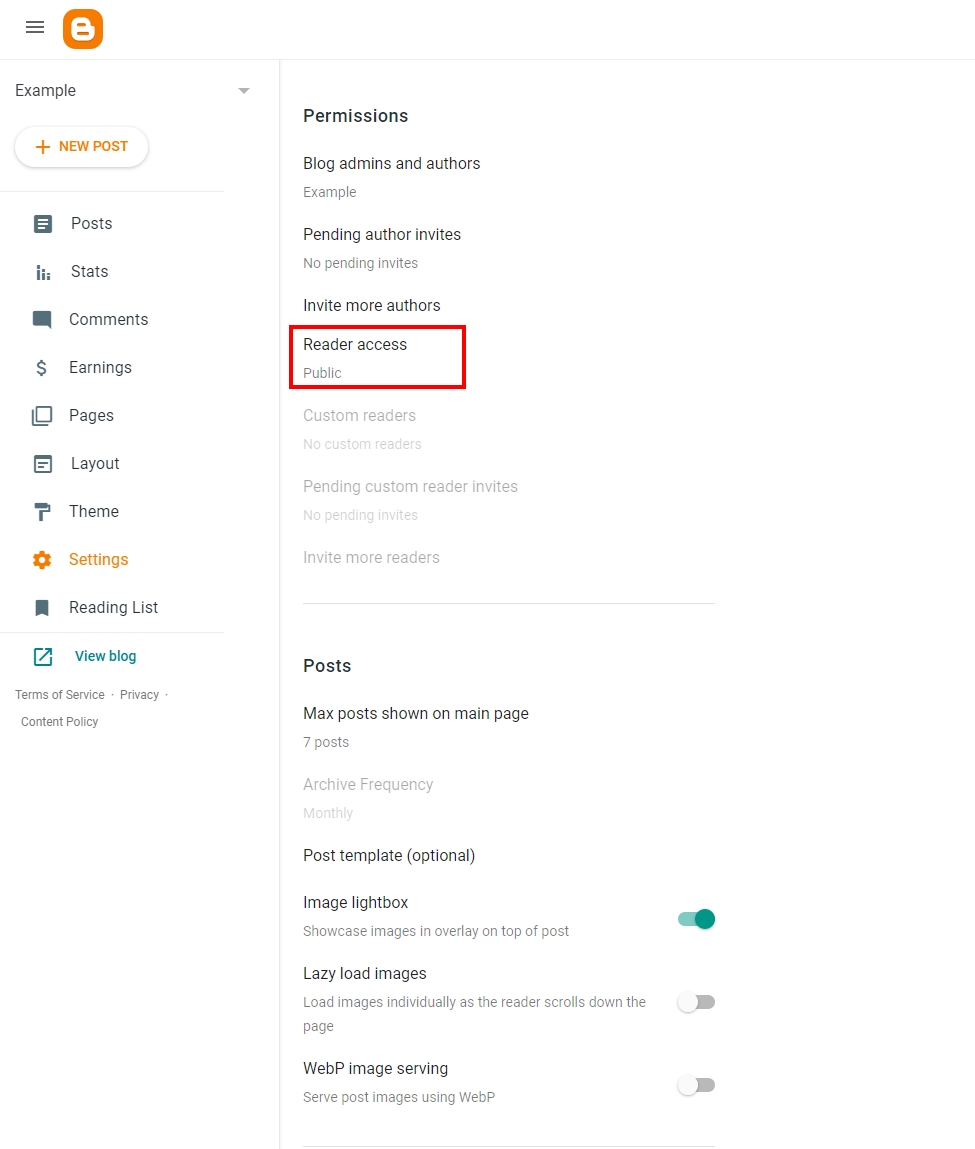 Blogger reader access outlined for selection on permissions screen