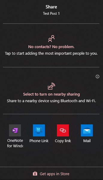 Sharing options screen with options for contacts, nearby sharing, or link sharing available