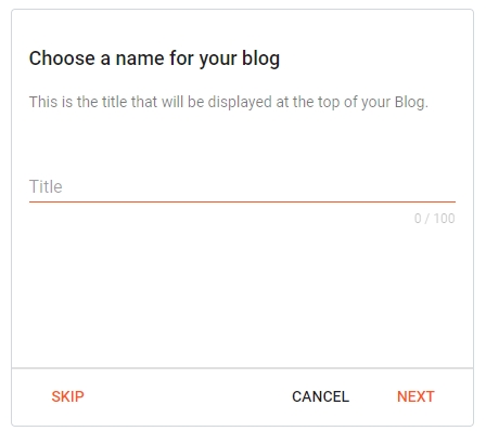 Blogger title blog prompt with Next button colored orange for selection