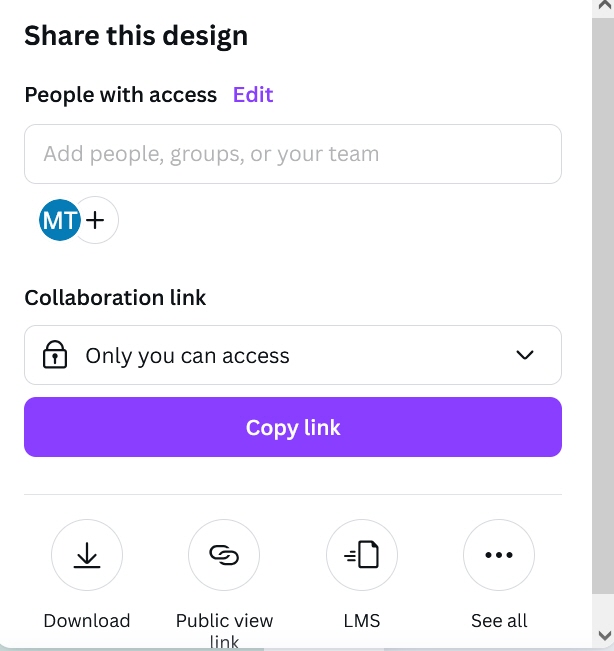 Canva Share page with Copy Link button and share settings