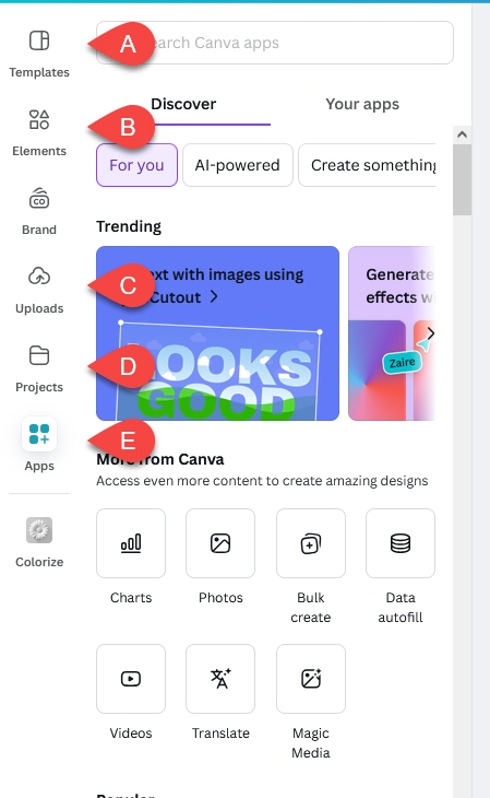 Canva Toolbar showing Tools with their Corresponding letter description