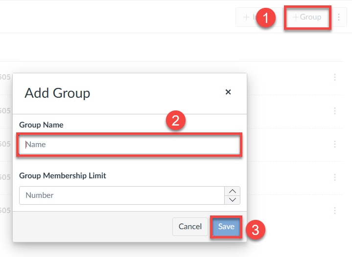 Add Group page outlined labeled 1 with the 'group name' field outlined labeled 2 and the save button outlined labeled 3