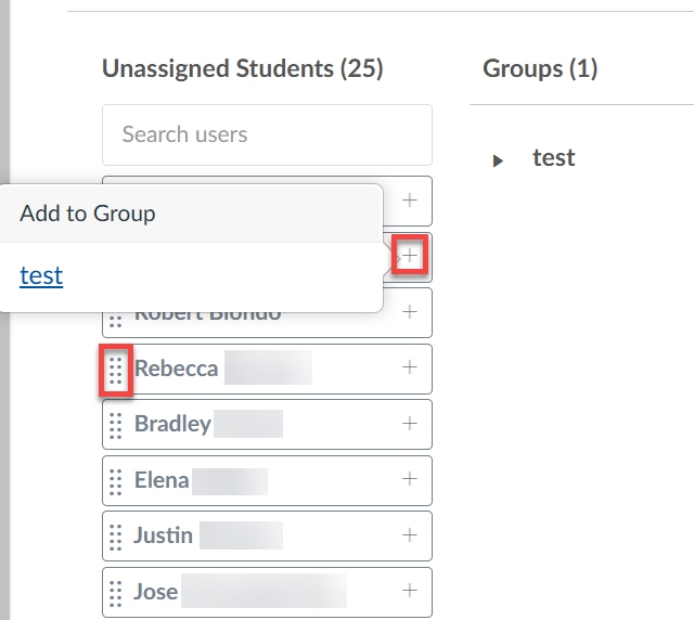 Canvas group page showing a students 'add to group' button oultined with one group option to choose from