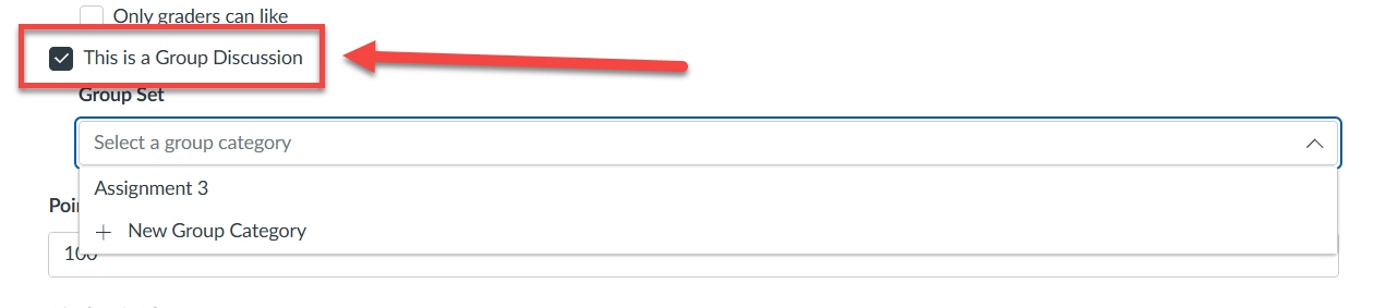 Canvas group discussion page with an arrow pointing towards 'this is a group dicussion' box which is checked The group set dropdown is open