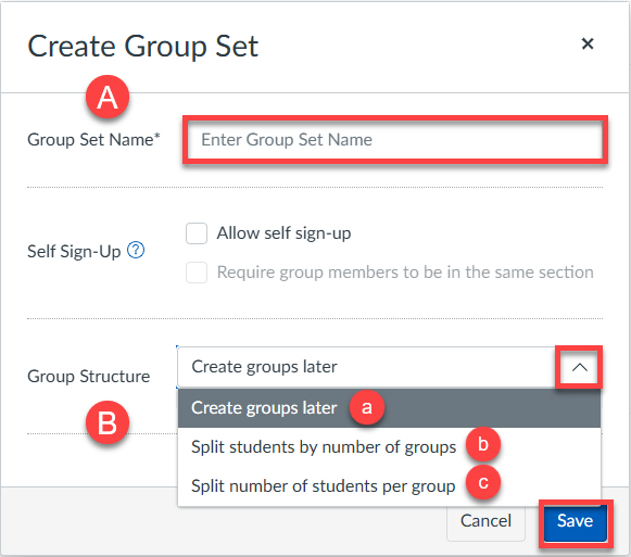 Create group set page with the 'group set name' field highlighted in yellow, the 'group structure' field highlighted in teal, and the save button highlighted