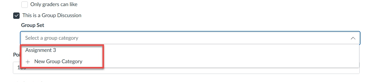 Canvas group dicussion page with 'this is a group discussion' box checked and the group set dropdown open and highlighted