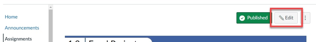 Canvas assignments page with edit button highlighted