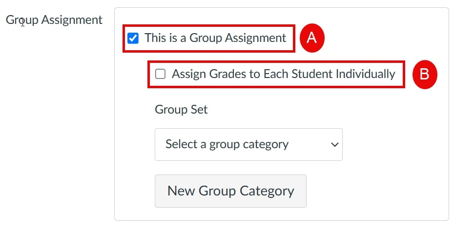 Group assignment settings page with 'this is a group assignment' checkbox checked and highlighted and a textbox stating to be sure it is enabled, Assign grades to each student individually is highlighted yellow, and left unchecked. With textbox stating this setting is optional and to check the IFI area of your course