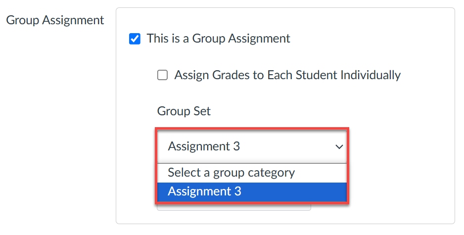 Group assignment page with 'this is a group assigment' checkbox checked and the 'select group category' dropdown highlighted