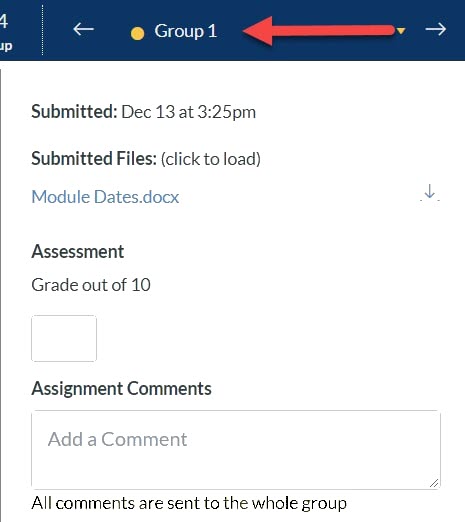 Canvas Speedgrader page with arrow denoting the group number at the top