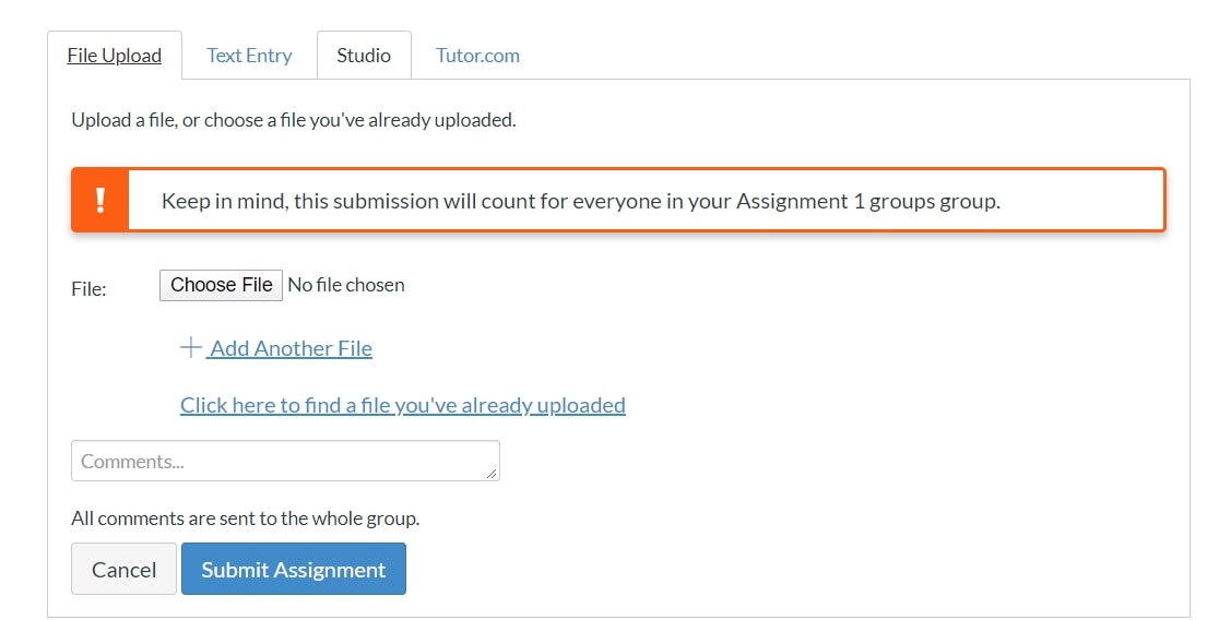 Canvas group assignment file upload page with a popup stating that this submission will count for everyone in group 1