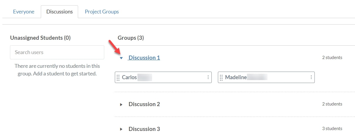 Canvas 'discussions' page with a red arrow pointing towards discussion group 1