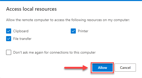 Access local resources pop up with desired local resources selected and Allow button highlighted for selection