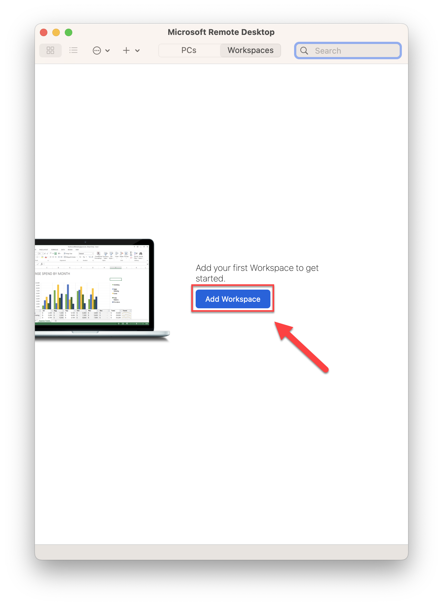 Microsoft Remote Desktop application open with Add Workspace highlighted for selection