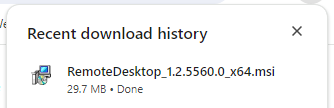 Download history in web browser showing the Remote Desktop Client file downloading to computer