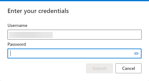 Enter your credentials pop up with blank username and password fields