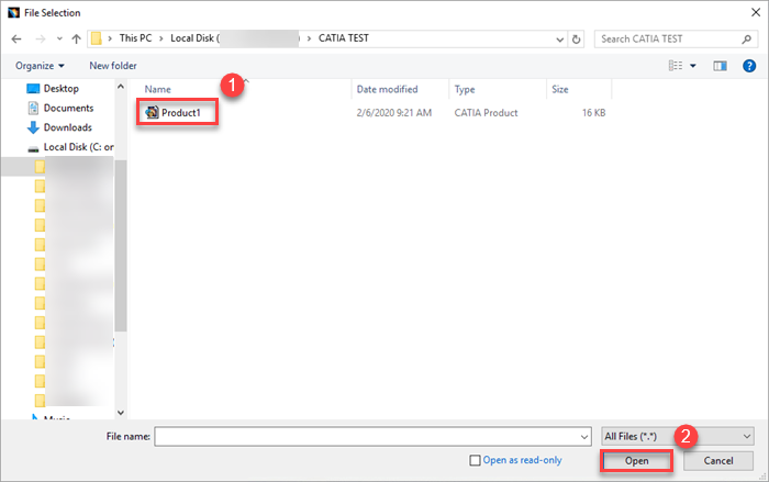 File explorer open with desired CATIA file and Open highlighted for selection