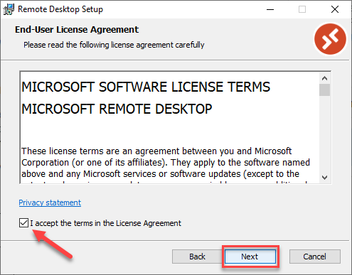 Remote Dektop license agreement with term agreement checked and Next highlighted for selection