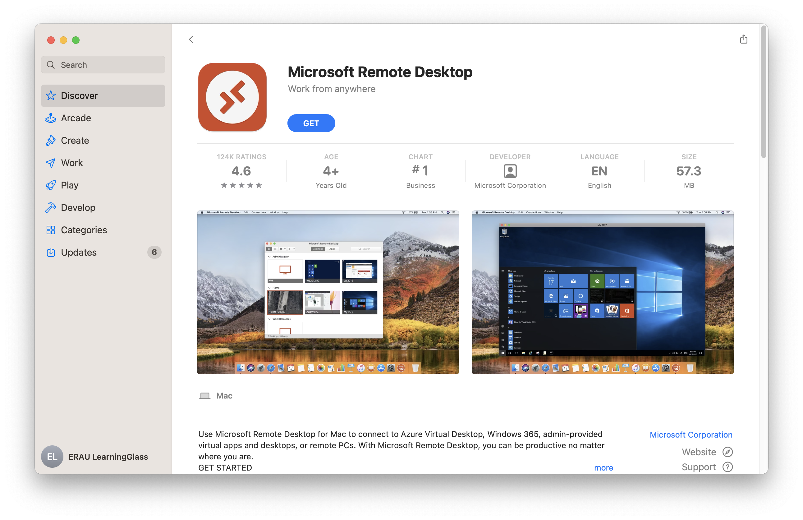 Microsoft Remote Desktop application in the App Store