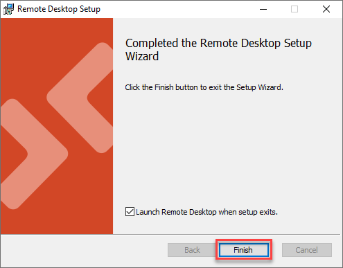 Remote Dektop Setup wizard completion screen with Finish highlighted for selection