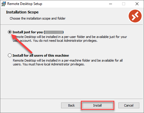 Install just for you radio button selected and Install highlighted for selection