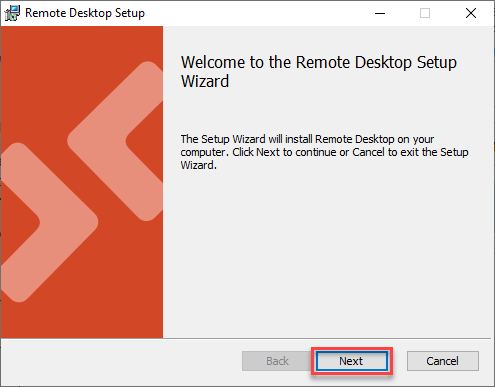 Remote Desktop Setup wizard welcome screen with Next highlighted for selection