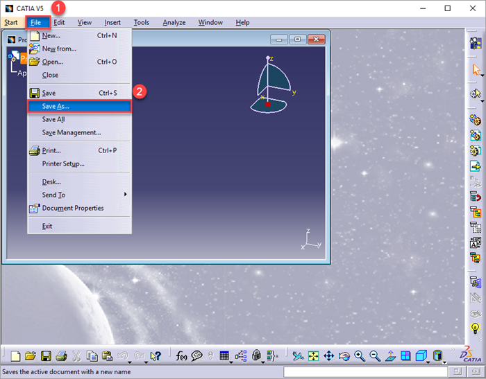 CATIA workspace with file dropdown menu open and Save As highlighted for selection