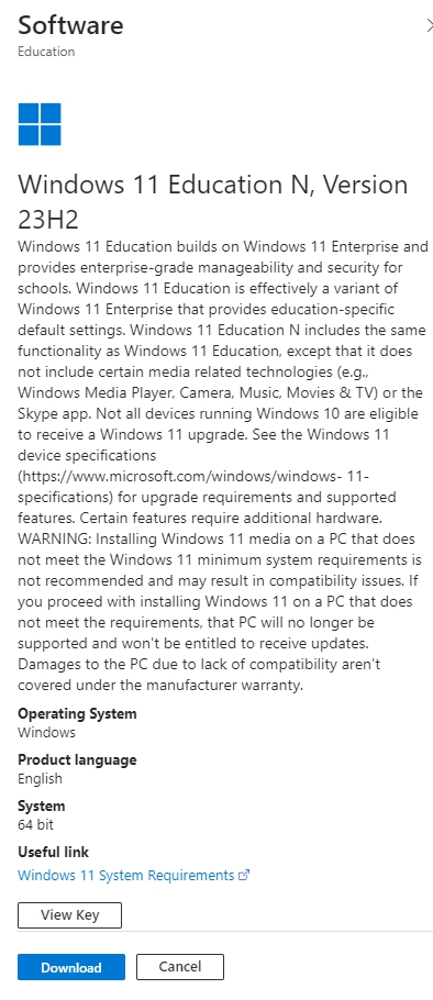 Windows 11 download key from Microsoft Azure education site