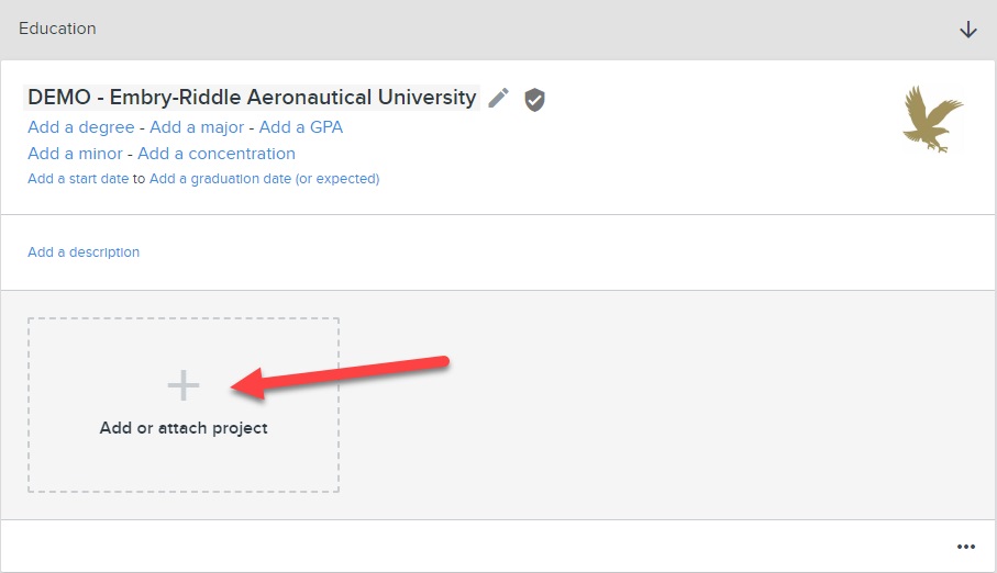 Add or attach project option in ePortfolios highlighted for selection