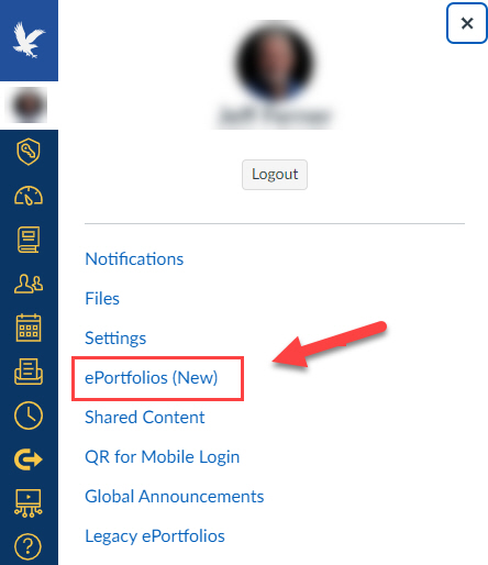 Account menu with ePortfolios New highlighted for selection