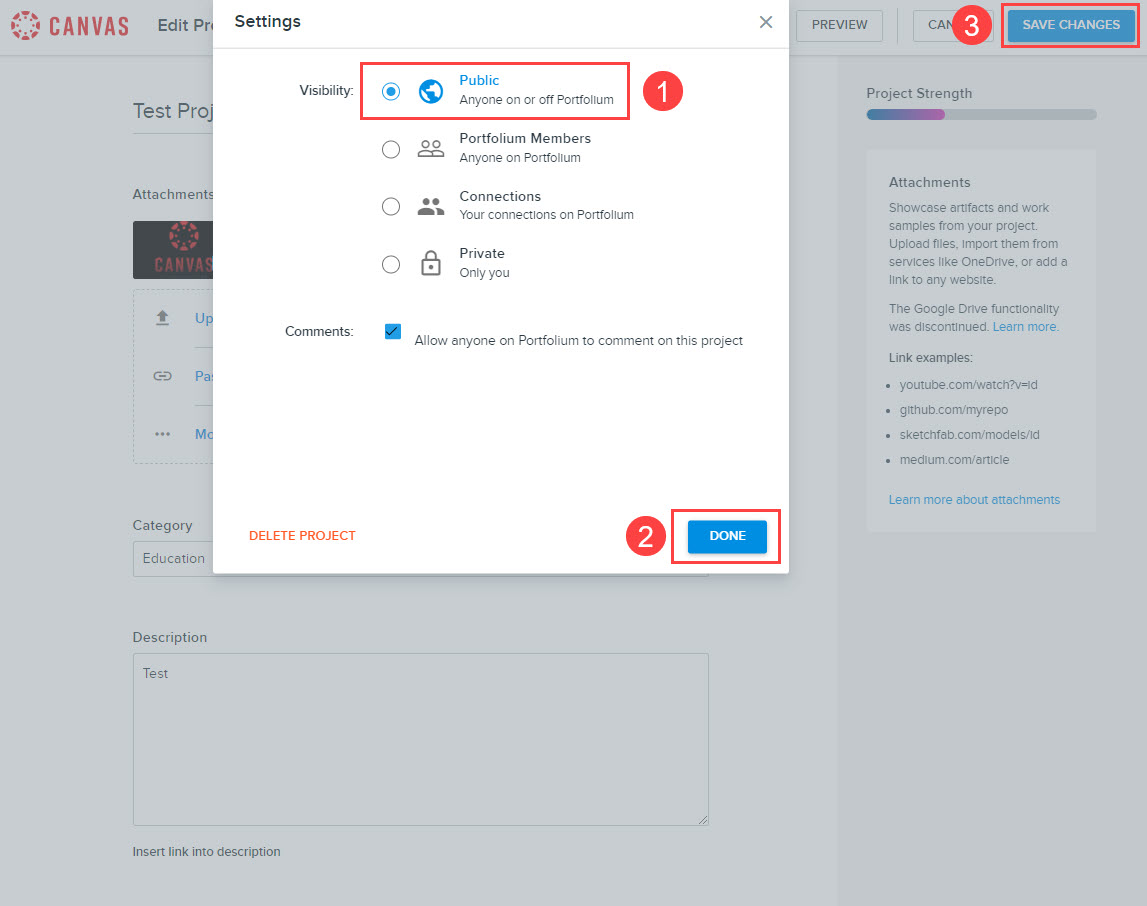 Project Visibility window with Public, Done, and Save Changes numbered and highlighted for selection