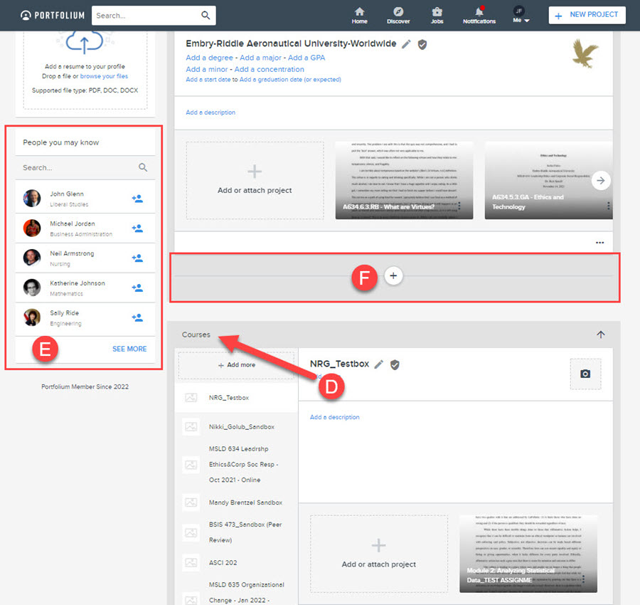 Profile page with highlighted sections labeled D through F to match list of features