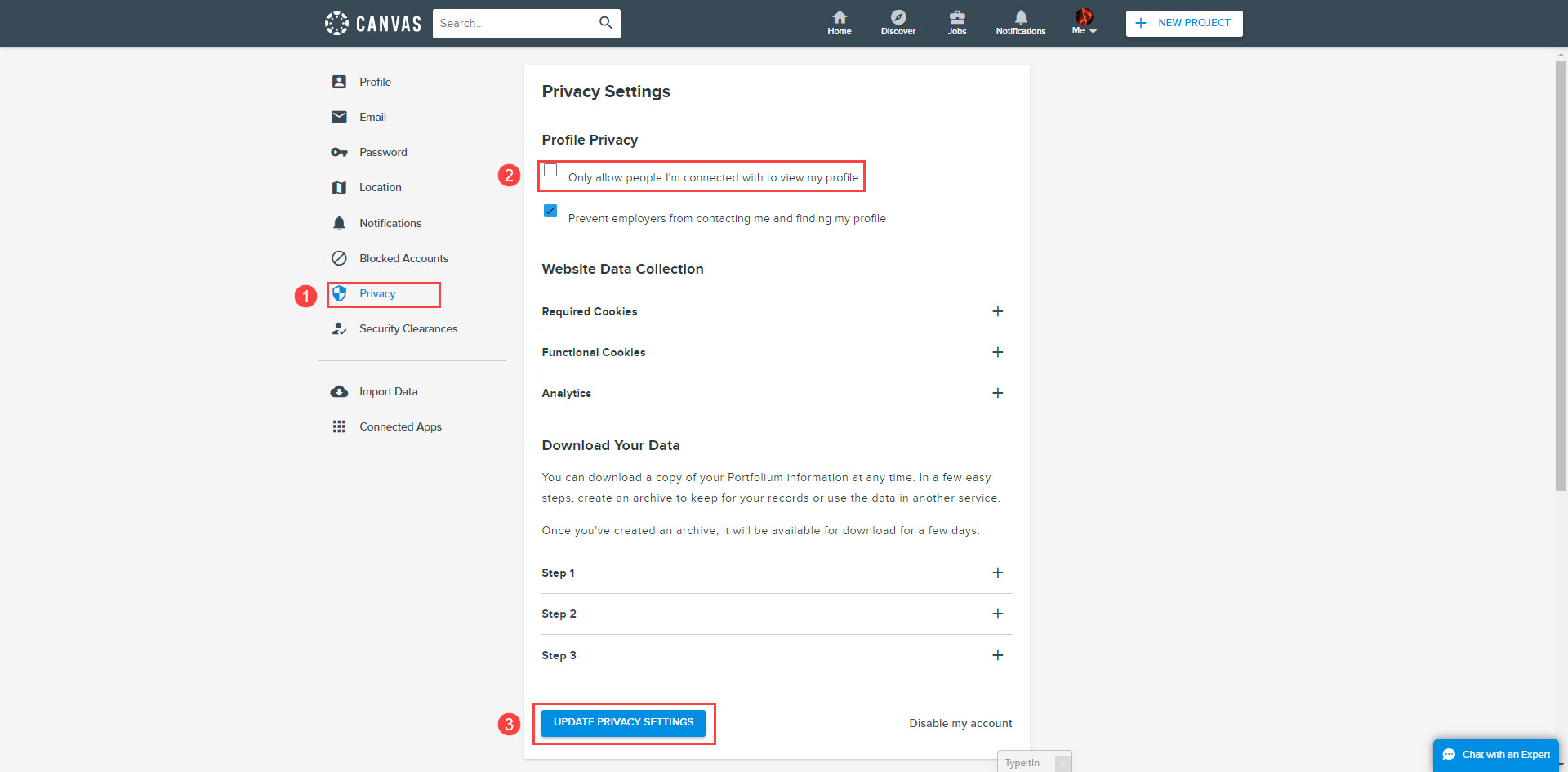 Profile privacy settings with Privacy, an unchecked Profile Privacy checkbox, and Update Privacy Settings
                                            numbered 1 through 3 and highlighted for visibility