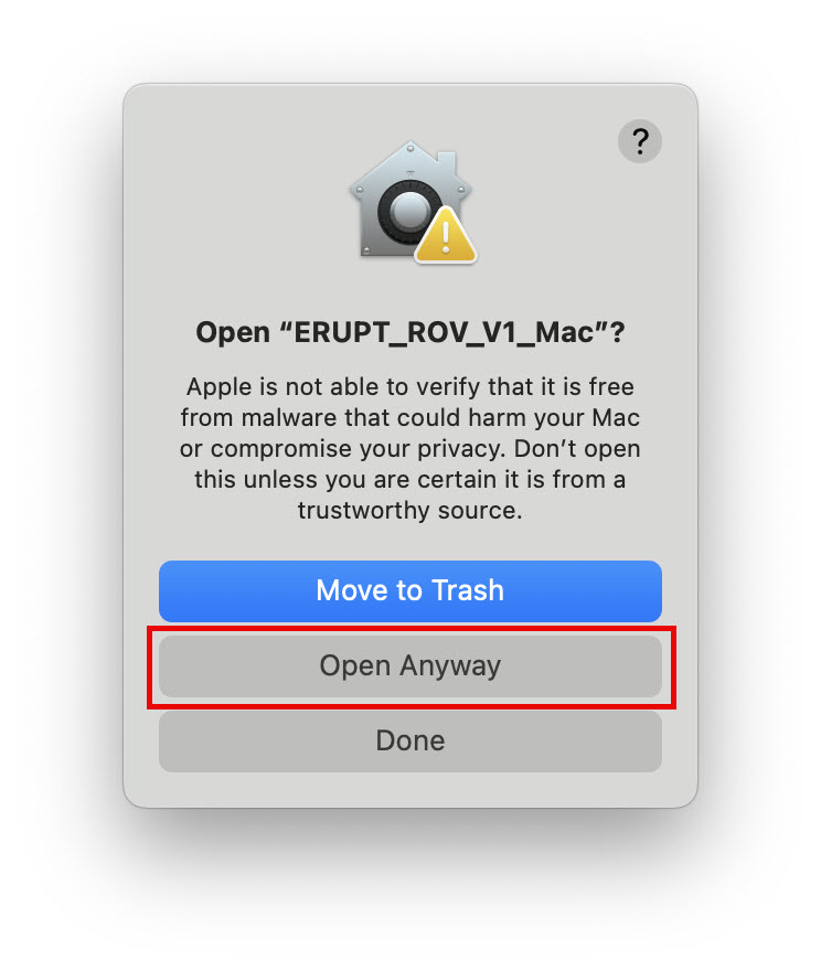 Mac open ERUPT popup with open button highlighted