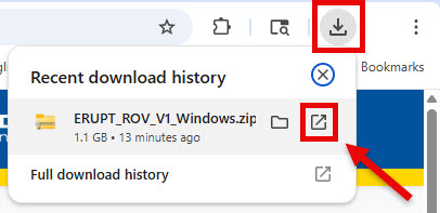 Downloads in file explorer with ERUPT_ROV_V1_Windows zip file highlighted