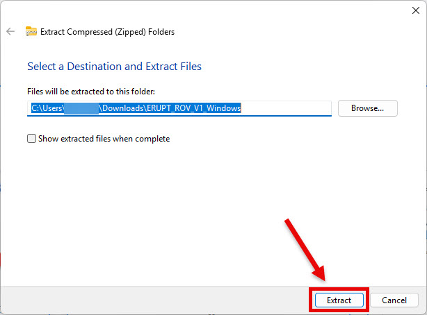 Extract folders screen with extract destination selected and 'show extracted files when complete' box checked